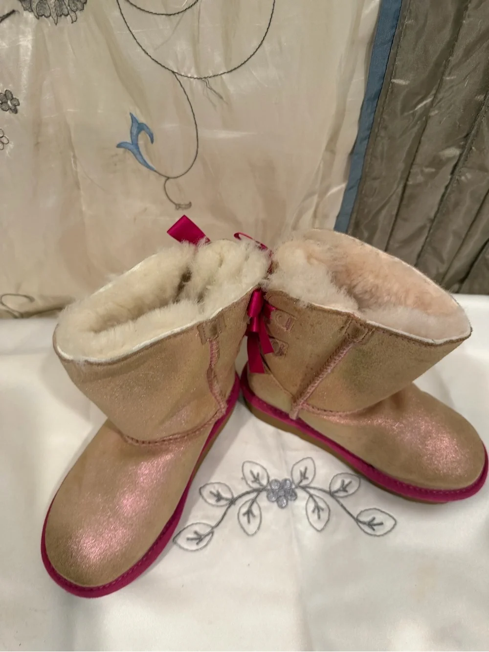 UGG Pink Trim Tan Shearling Kids Boots